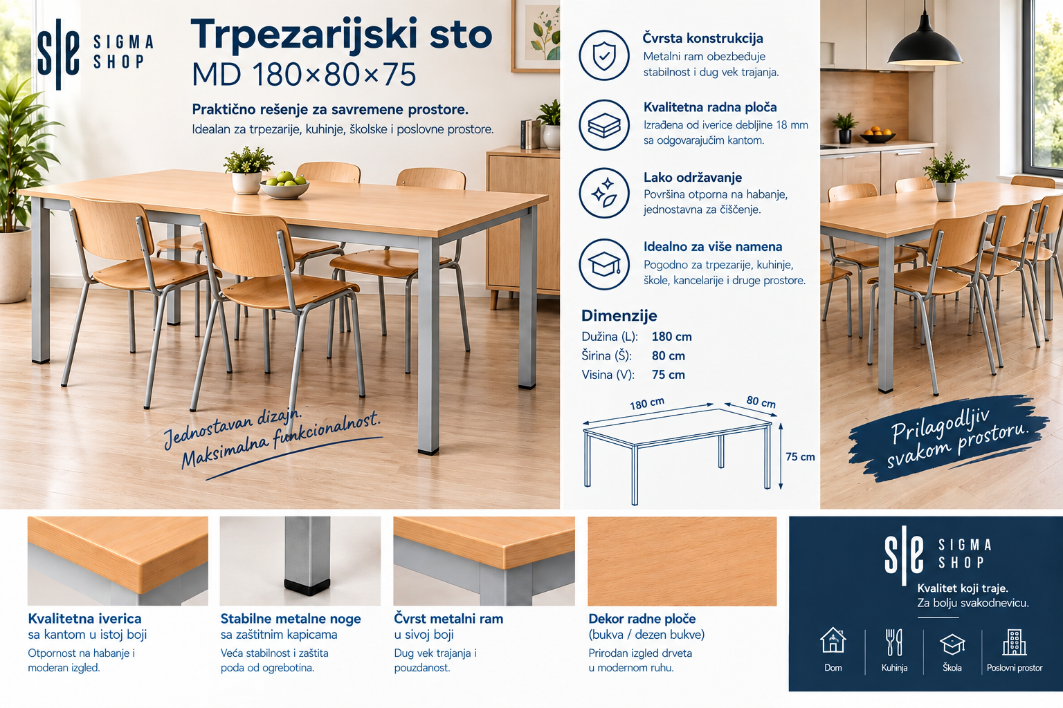 Trpezarijski sto MD 180*80*75