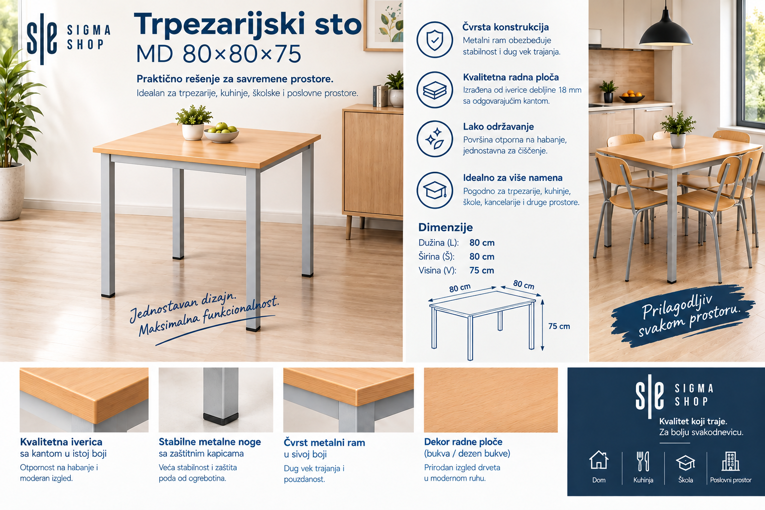 Trpezarijski sto MD 80*80*75